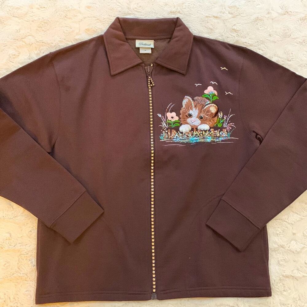 Woman's Vintage Brown Embroidered and Bedazzled Kitty Cat Zip Up Jacket Size M